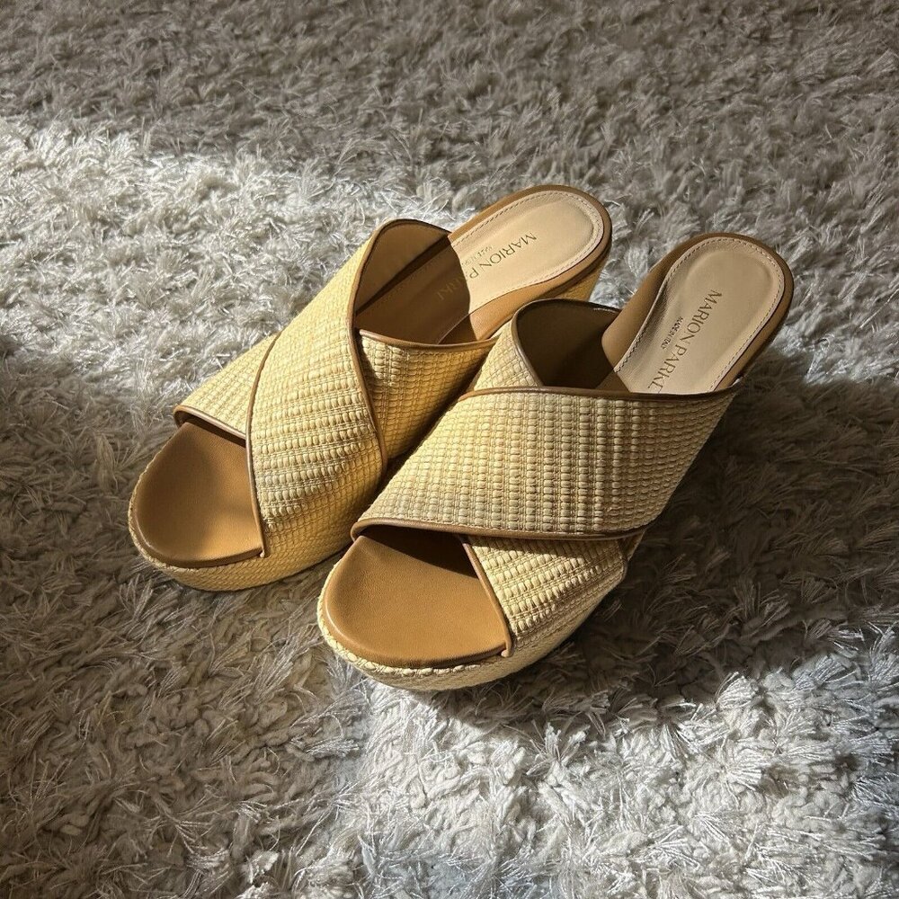 MARION PARKE Yellow Woven Crisscross Wedge Sandals